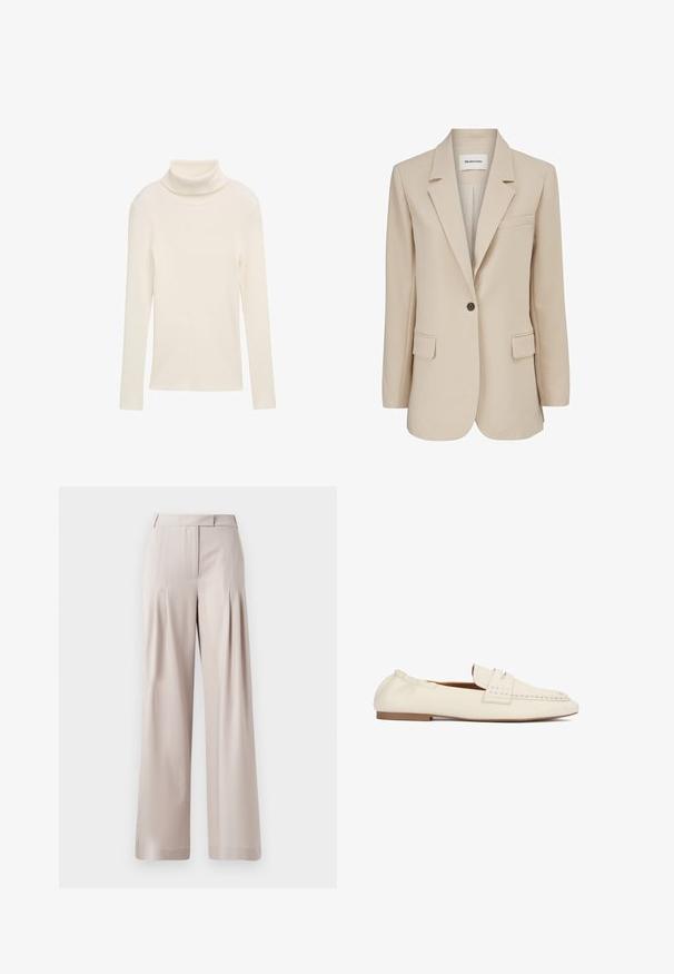Modström GALE BLAZER - Krátky kabát - powder sand; Krémový rolák z rebrovaného materiálu. Dlhé rukávy a priliehavý strih. Žiadne viditeľné vzory ani kovové akcenty.; Béžové široké nohavice s hladkou štruktúrou, plisovaným predným dizajnom a prispôsobeným pásom. Vhodné na formálne aj neformálne nosenie.; Kožená mokasína krémovej farby so šitými detailmi, plochou podrážkou a dizajnom na nazutie.