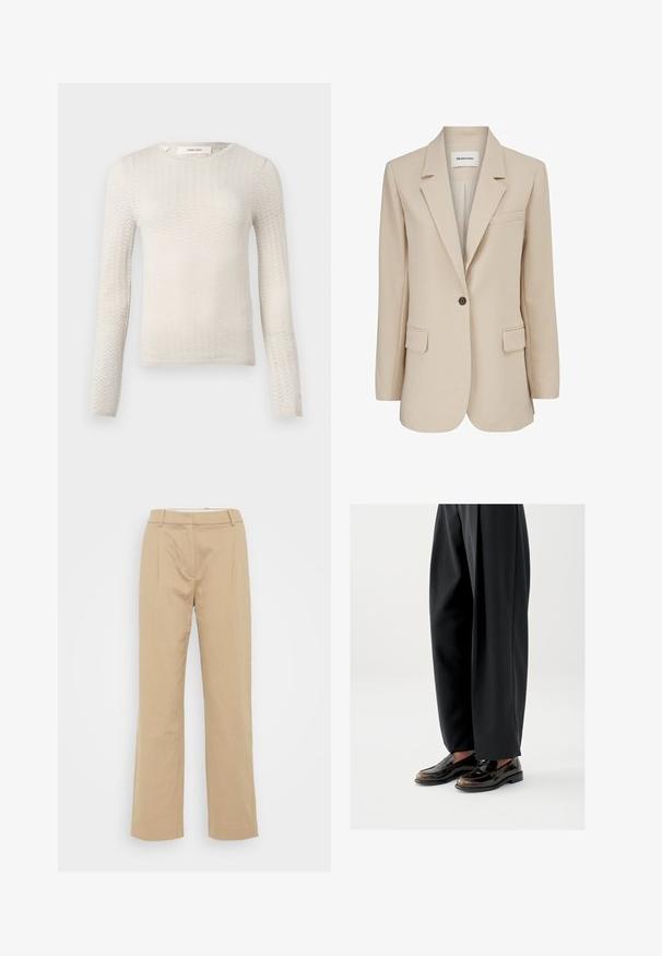Modström GALE BLAZER - Κοντό παλτό - powder sand; Κρέμα μακρυμάνικη πλεκτή μπλούζα με διακριτό σχέδιο ζιγκ ζαγκ και στρογγυλή λαιμόκοψη, με ετικέτα "Selected" στη λαιμόκοψη.; Μπεζ παντελόνια σε ίσια γραμμή από υφασμάτινο υλικό, με μέση μέσου ύψους, πτυχώσεις μπροστά και κομψό σχέδιο.; Μαύρα μοκασίνια με γυαλιστερό δέρμα, διακοσμημένο με λουράκι στο πάνω μέρος, σε συνδυασμό με φαρδιά μαύρη παντελόνια.