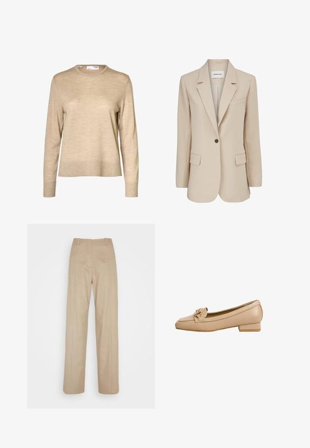 Modström GALE BLAZER - Pitkä takki - powder sand; Beigenvärinen pitkähihoinen villapaita, jossa pyöreä kaula-aukko sekä resorit hihansuuissa ja helmassa, valkoista taustaa vasten esitetty.; Calvin Klein TAILORED STRAIGHT PANT - Housut - cinder; Beige nahkakengät, joissa on neliömaa, matala kanta ja koristeellinen etuvö, jossa on kultasävyinen ketju. Tasainen pinta.