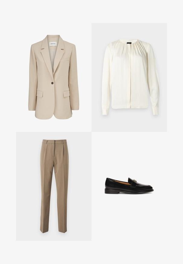 Modström GALE BLAZER - Κοντό παλτό - powder sand; Μακρυμάνικη μπλούζα από μεταξωτό υλικό σε εκρού απόχρωση. Διαθέτει στρογγυλή λαιμόκοψη, απαλή πτύχωση στους ώμους και κουμπωτές μανσέτες. Λείο υφή και μινιμαλιστικός σχεδιασμός.; Καφέ ραμμένα παντελόνια κατασκευασμένα από λείο ύφασμα, με ίσια γραμμή, πιέτες μπροστά και ζώνη με θηλιές.; Μαύρο δερμάτινο λαστιχένιο με στρογγυλή μύτη, λεπτή σιλουέτα και διακοσμητική ζώνη με μεταλλική λεπτομέρεια στο εμπρός μέρος. Πλατιά ελαστική σόλα.