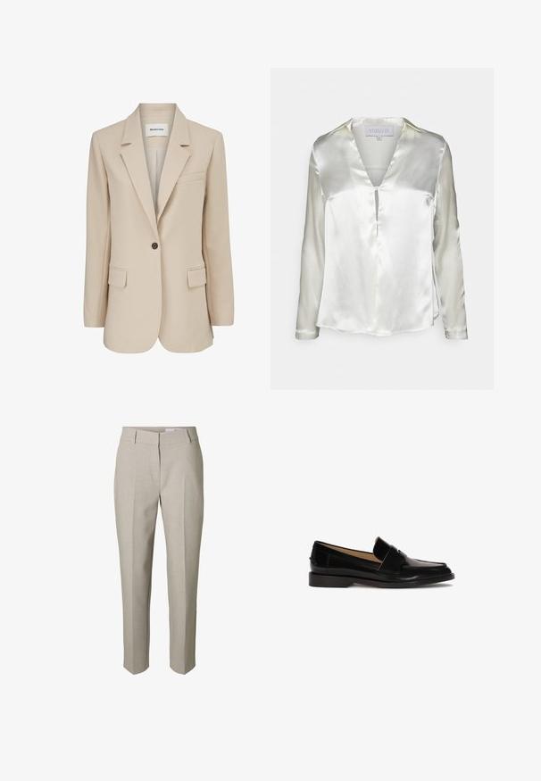 Modström GALE BLAZER - Κοντό παλτό - powder sand; STUDIO ID ALYSSA - Μπλούζα - champagne; Μπεζ παντελόνι ραμμένο κατά παραγγελία με θηλιές για ζώνη, μπροστινό φερμουάρ και πιέτες στα πόδια, εμφανιζόμενο σε λευκό φόντο.; Μαύρες δερμάτινες loafers με λεία επιφάνεια, στρογγυλή μύτη και διακοσμητική ζώνη στη μπροστινή πλευρά. Σχεδίαση με χαμηλό τακούνι block.