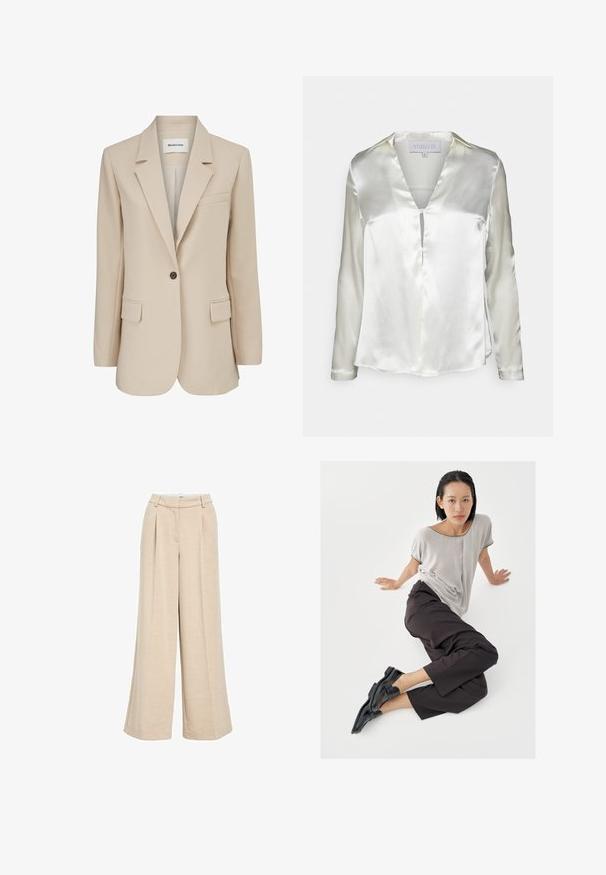Modström GALE BLAZER - Krátky kabát - powder sand; STUDIO ID ALYSSA - Blúzka - champagne; Svetložlté široké nohavice vyrobené z textúrneho materiálu, s vysokým pásom, prednými skladmi a bočnými vreckami pre väčšiu funkčnosť.; Svetlosivý top s krátkym rukávom, tmavé široké nohavice a čierne mokasíny. Hladká tkanina, voľný strih a kontrastné lemovanie na košeli.