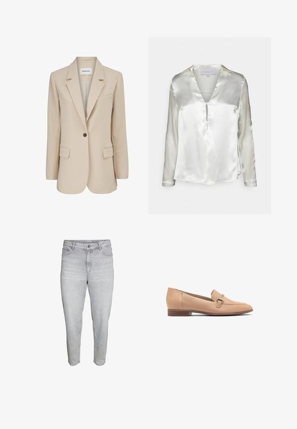 Modström GALE BLAZER - Κοντό παλτό - powder sand; STUDIO ID ALYSSA - Μπλούζα - champagne; Ανοιχτό γκρι τζιν με υψηλή μέση, στενά μπατζάκια, σχέδιο με πέντε τσέπες και ορατές ραφές.; Μπέζ δερμάτινες loafers με χαμηλό τακούνι, με ραμμένο σχέδιο και μικρή ασημένια λεπτομέρεια στο επάνω μέρος. Λείος υφασμάτινος ιστότοπος.