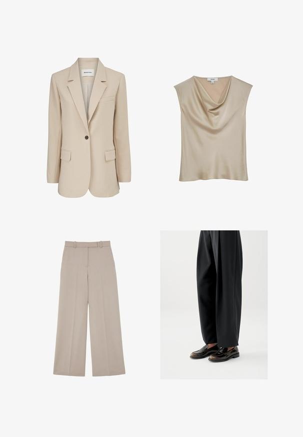 Modström GALE BLAZER - Manteau court - powder sand; Blouse sans manches en satin beige avec décolleté drapé, étiquetée "REISS", présentée sur fond blanc.; Pantalon beige à jambes larges avec fermeture avant dissimulée et poches latérales, conçu pour un look formel ou business casual.; Mocassins noirs en cuir brillant, avec une lanière décorative sur le dessus, assortis à un pantalon noir ample.