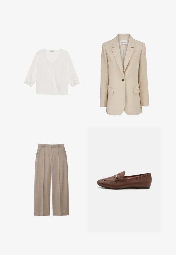 Modström GALE BLAZER - Manteau court - powder sand; Blouse blanche à manches longues avec un décolleté en V profond, en matériau doux semblable à de la satin, et des poignets de manches froncés pour un look décontracté.; Pantalon beige à jambes larges avec passants pour ceinture, plis devant, poches latérales et fermeture frontale dissimulée.; Mocassin en cuir marron avec une semelle plate, doté d'un accent décoratif en boucle dorée et d'une texture lisse, conçu pour le confort et la facilité de port.