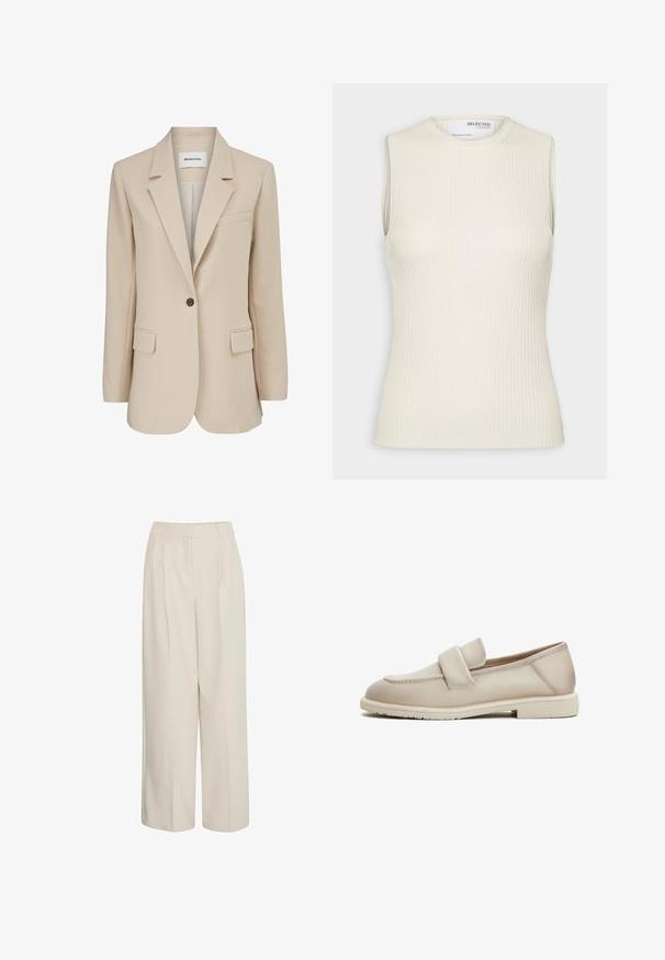 Modström GALE BLAZER - Korte frakker - powder sand; Selected Knitted Sleeveless - Top - birch; Højtaljede cremede bukser med brede ben og pressefolder, lavet af glat stof, med et rent design og skræddersyet pasform.; Beige læder loafers med en jævn tekstur, der har et forhøjet bånd over forgabreren og en lav, flad gummisål.