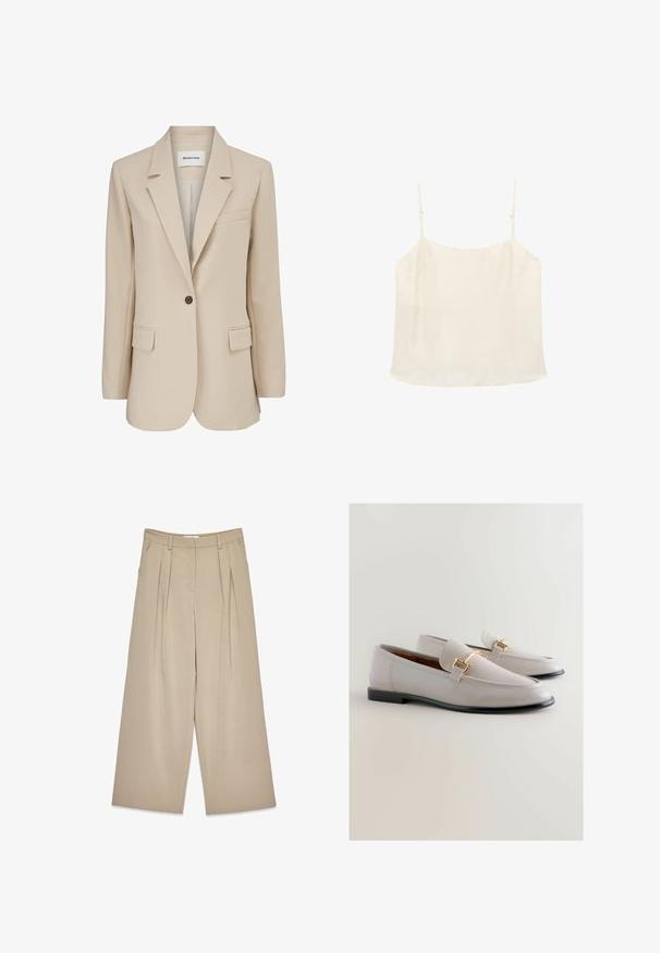 Modström GALE BLAZER - Abrigo corto - powder sand; Top de camisola sin mangas de color crema con tirantes finos ajustables y escote recto sobre un fondo blanco.; Pantalones de pierna ancha color beige con pliegues frontales, bolsillos laterales, pasadores para cinturón y un cierre frontal oculto.; Mocasines de cuero gris claro con punta afilada, que cuentan con un detalle metálico dorado y un bajo tacón negro. Textura suave, diseño minimalista.