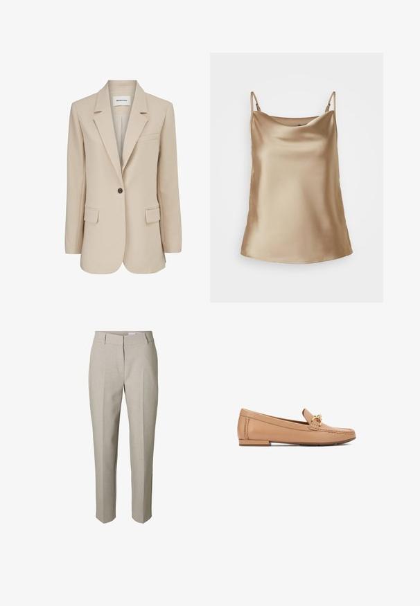 Modström GALE BLAZER - Κοντό παλτό - powder sand; Σατέν καμισόλ στην ανοιχτή μπεζ απόχρωση με λεπτές τιράντες και μαλακά ριχτό λαιμόκοψη, με απαλό, γυαλιστερό υφή.; Μπεζ παντελόνι ραμμένο κατά παραγγελία με θηλιές για ζώνη, μπροστινό φερμουάρ και πιέτες στα πόδια, εμφανιζόμενο σε λευκό φόντο.; Ταμπά δερμάτινα μοκασίνια με λεπτομέρεια από επιχρυσωμένο εξάρτημα, επίπεδη σόλα και ραφές κατά μήκος των πλευρών. Λείο υφή.