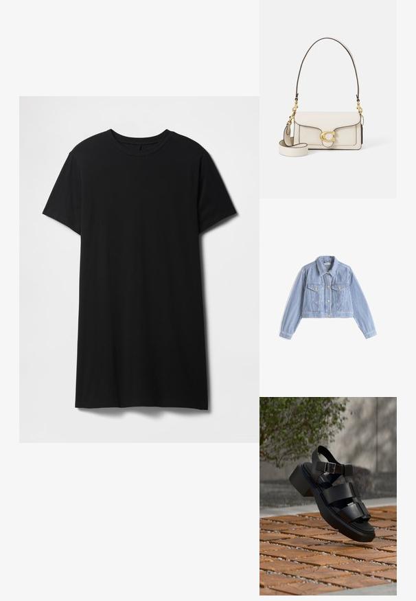 Afskåret denimjakke i blå og hvide lodrette striber, med to forlommer, guld hardware knapper og en klassisk krave.; Sort kortærmet t-shirt lavet af bomuld, med klassisk rund halsudskæring og en lige kant, med en glat, mat tekstur.; Sort lædersandal med tyk sål og rem med spænde, svævende over træfliser med grå sten udendørs nær en grøn busk.; Creme læderhandtaske med en struktureret design, kontrasterende sorte kanter, guldbeslag og en aftagelig strop med et signaturlogo.