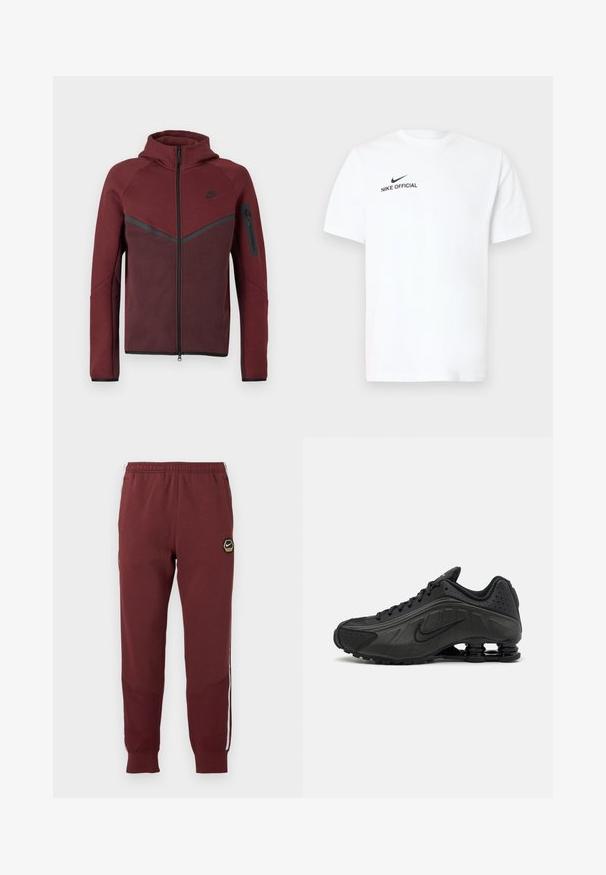 Sudadera con cremallera color burdeos y capucha, con acentos negros y un bolsillo con cremallera lateral. Está hecha de un material suave y texturizado con un diseño de bloques de color.; Camiseta blanca de algodón con mangas cortas. Presenta un logo negro de "Nike Official" y una marca de verificación (swoosh) negra en el lado izquierdo del pecho.; Chándal marrón con un logo hexagonal de Nike, cinturilla elástica, dos bolsillos laterales y rayas laterales blancas. Tejido texturizado con diseño de pierna ajustada.; Zapatillas de running negras con un upper sintético liso, detalles perforados, paneles laterales texturizados y una suela distintiva y elástica.
