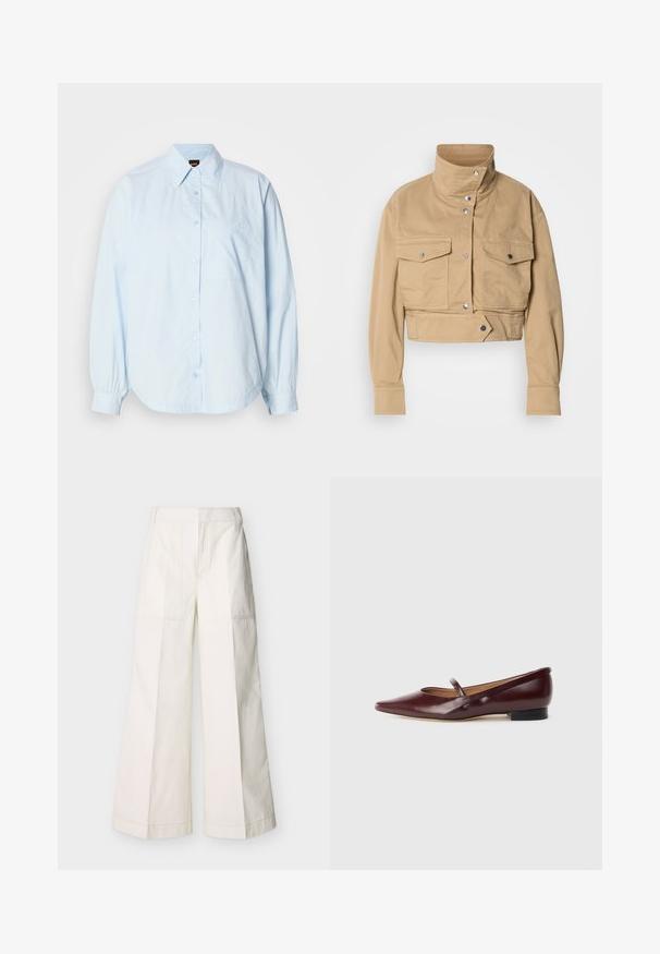 Kurz geschnittene beige Jacke aus weicher Baumwolle mit hohem Kragen, Druckknöpfen und zwei Brusttaschen. Hat eine glatte, matte Oberfläche.; Hellblaues, langärmliges Hemd aus Baumwolle mit Knopfleiste. Es hat einen Kragen, einen abgerundeten Saum und eine kleine Brusttasche mit gesticktem Logo.; Weite Hosen aus weißer Baumwolle mit Vordertaschen und detaillierten Nähten. Glatte Textur mit einem klaren, minimalistischen Design.; Burgunderfarbene Lackleder-Ballerina mit spitzer Zehe und einem dekorativen Riemen über dem Spann. Mit einem niedrigen schwarzen Absatz.