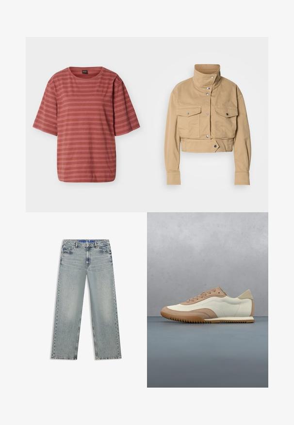 Veste beige raccourcie en coton doux avec un col montant, des pressions, et deux poches poitrine. Présente une texture lisse et mate.; T-shirt à manches courtes couleur rouille avec de fines rayures horizontales blanches et un petit logo brodé sur le côté gauche de la poitrine.; Jean large bleu clair en denim, avec des zones délavées, cinq poches et une ceinture bleue à logo.; Baskets crème et beige avec une tige texturée, des lacets et une semelle en caoutchouc, présentées au-dessus d'une surface en bois avec des cailloux.