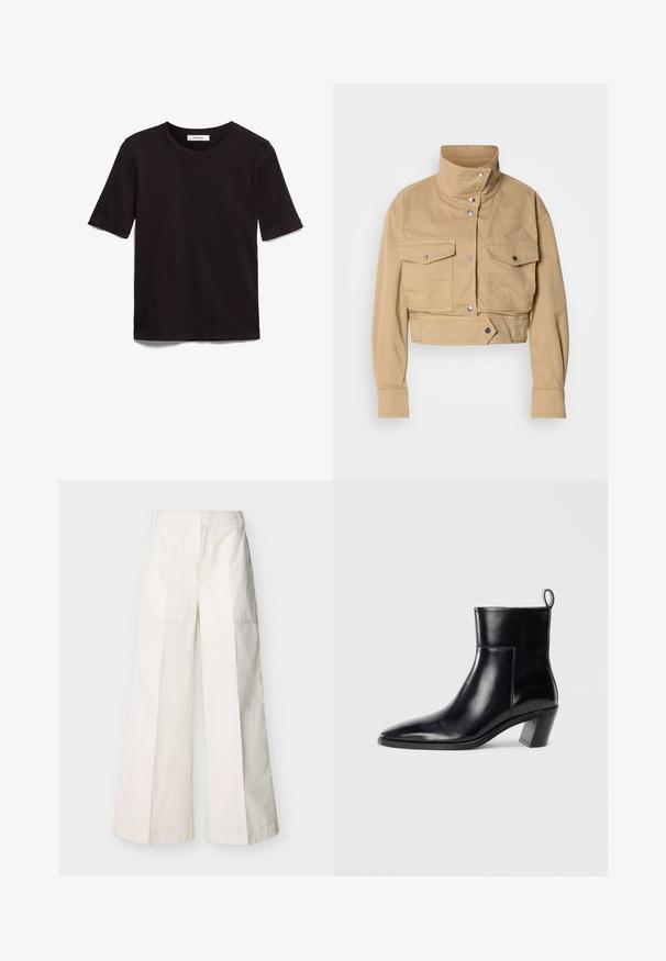Kurz geschnittene beige Jacke aus weicher Baumwolle mit hohem Kragen, Druckknöpfen und zwei Brusttaschen. Hat eine glatte, matte Oberfläche.; Schwarzes T-Shirt mit kurzen Ärmeln aus weicher Baumwolle, mit rundem Halsausschnitt und glatter, gleichmäßiger Textur in einem schlichten Design.; Weite Hosen aus weißer Baumwolle mit Vordertaschen und detaillierten Nähten. Glatte Textur mit einem klaren, minimalistischen Design.; Schwarze Leder-Ankleboots mit spitzem Zeh, geometrischem Blockabsatz und einem Zugband hinten. Glatte Textur und elegantes Design.