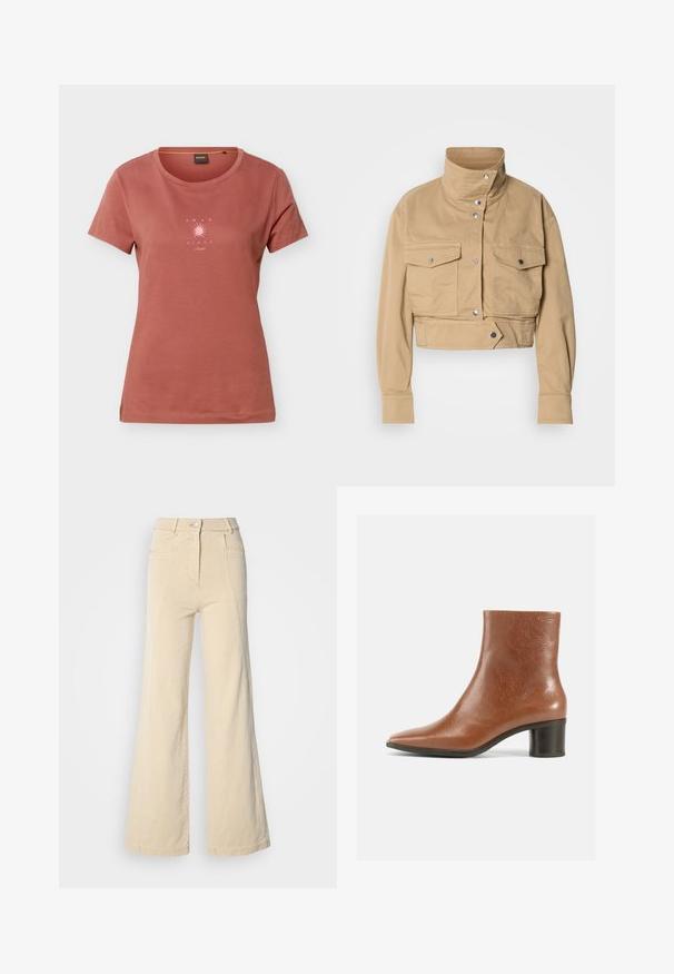 Veste beige raccourcie en coton doux avec un col montant, des pressions, et deux poches poitrine. Présente une texture lisse et mate.; T-shirt à manches courtes couleur rouille avec un col rond et un petit graphisme de soleil rose avec le texte "AMAR EL SOL" sur la poitrine.; Jeans beige à jambes larges avec taille haute, poches avant, et couture contrastée, dotés d'une fermeture à bouton et d'une texture en coton lisse.; Bottine en cuir marron avec un bout pointu, une finition texturée et un talon bloc moyen. Design simple sans quincaillerie apparente ni motifs.