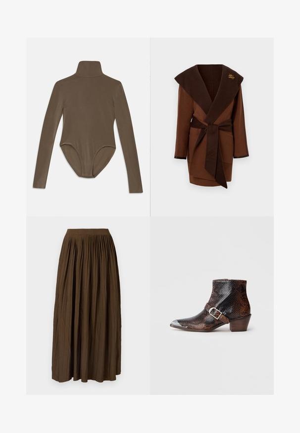 Bata marrón cruzada con un amplio cuello, cintura con cinturón, dos bolsillos delanteros y detalles contrastantes en tono más oscuro en los puños y el cuello.; Bodysuit de manga larga en tela marrón oscuro, con un cuello alto, textura suave y un diseño de espalda descubierta con un ajuste ceñido.; Falda maxi plisada marrón con una amplia cinturilla elástica y un tejido texturizado, que presenta pliegues verticales para añadir detalle y fluidez.; Botas de tobillo con estampado de serpiente en negro y marrón, con punta de metal plateado, detalle de hebilla y un tacón de madera bajo. Textura suave, diseño ajustado.