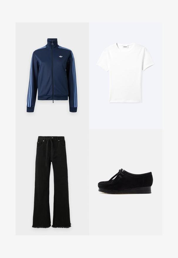 Chaqueta deportiva azul marino con cremallera, tres franjas en azul claro en las mangas y el logo trefoil de Adidas en el pecho izquierdo.; Camiseta blanca lisa de manga corta con cuello redondo y una pequeña etiqueta "WEEKDAY" dentro del cuello, mostrada extendida sobre un fondo claro.; Pantalones de mezclilla negros de pierna ancha con cintura alta, cordón, dobladillo deshilachado y cinco bolsillos. Fabricados con una tela resistente y texturizada.; Zapato de ante negro con puntera redondeada, costura en el borde y detalle de cordones. Presenta una suela de goma tipo cuña baja para mayor comodidad.
