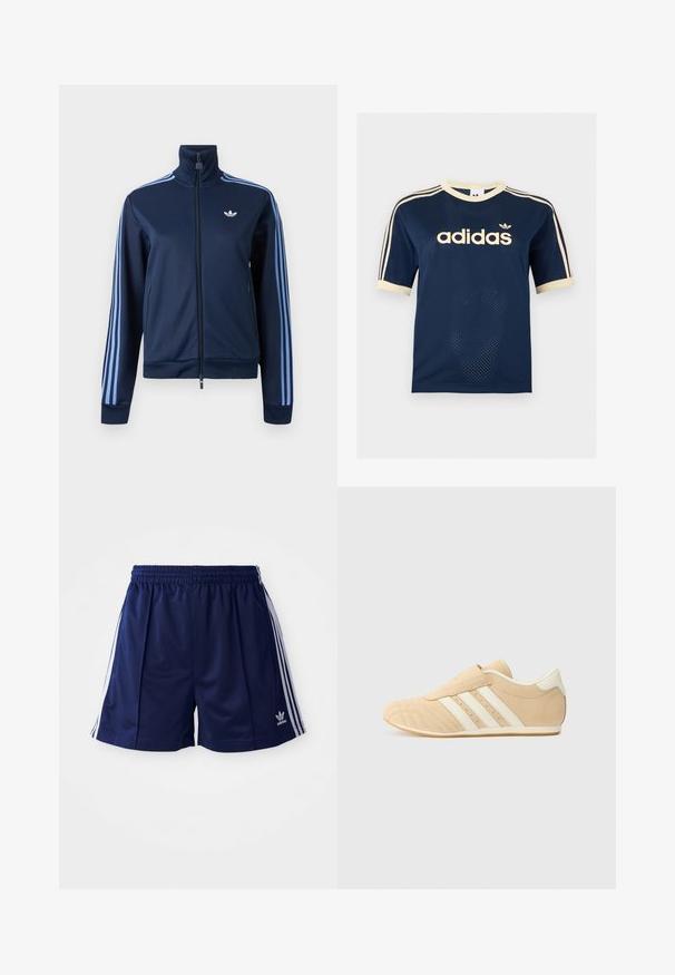 Tmavomodrá tréningová bunda na zips so svetlomodrými tromi pruhmi na rukávoch a logom Adidas trefoil na ľavej strane hrudníka.; Tmavomodré Adidas sieťované tričko s krátkym rukávom s krémovým lemom, troma krémovými pruhmi na rukávoch a logom Adidas na hrudi.; Námorné športové šortky vyrobené z ľahkého materiálu, s bielymi bočnými pruhmi a vyšívaným logom na dolnej ľavej strane. Elastický pás.; Svetlohnedé a krémové športové topánky s hladkým koženým zvrškom, troma bielymi pruhmi po stranách a zaoblenou špičkou. Štruktúrovaný zvršok s perforáciami.