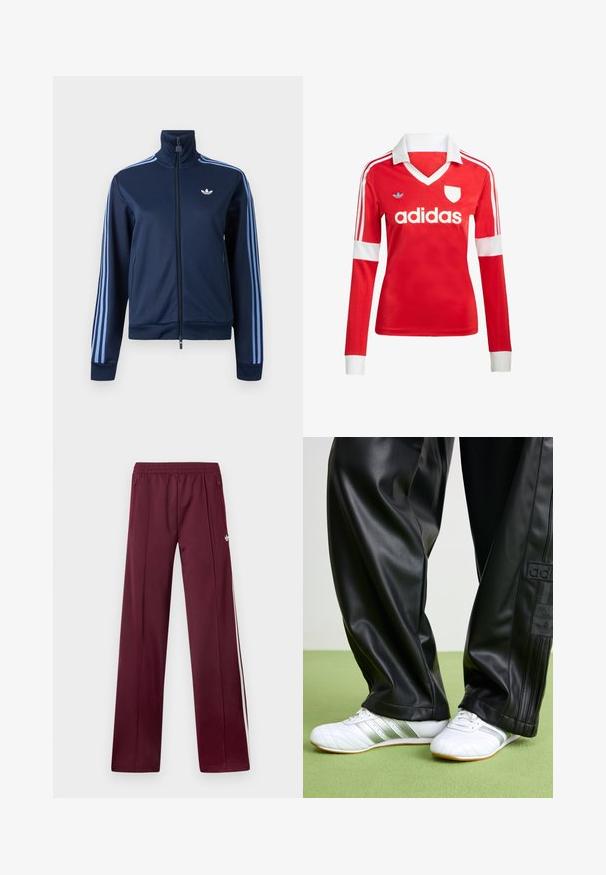 Tmavomodrá tréningová bunda na zips so svetlomodrými tromi pruhmi na rukávoch a logom Adidas trefoil na ľavej strane hrudníka.; Červený futbalový dres s dlhým rukávom a bielym golierom a manžetami. Na ramenách sú tri biele pruhy a výrazne zobrazené logo "adidas".; Vínové teplákové nohavice s elastickým pásom, bočnými vreckami na zips, bielymi bočnými pruhmi a malým bielym logom Adidas na pravej stehne.; Čierne nohavice z umelej kože s voľným strihom, s hladkým povrchom a bočnými pruhmi. V páre s bielymi teniskami so striebornými detailmi.