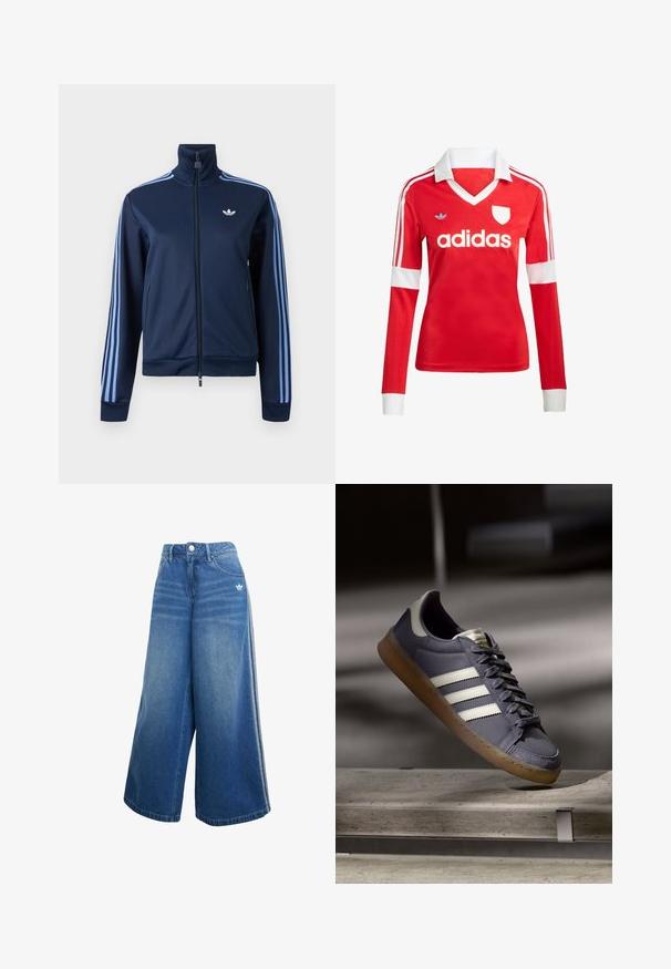 Tmavomodrá tréningová bunda na zips so svetlomodrými tromi pruhmi na rukávoch a logom Adidas trefoil na ľavej strane hrudníka.; Červený futbalový dres s dlhým rukávom a bielym golierom a manžetami. Na ramenách sú tri biele pruhy a výrazne zobrazené logo "adidas".; Džíny s širokými nohavicami v stredne modrej farbe, s vysokým pásom, jemnými švovými detailmi a malým bielym logom na prednej strane.; Sivé tenisky s bielymi pruhmi. Kožený zvršok, textúrovaná špička a gumená podrážka. Disponujú predným šnurovaním a polstrovaným golierom pre pohodlie.