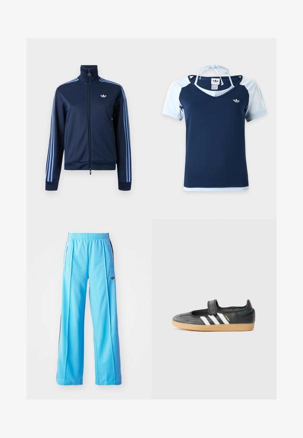 Marineblaue Trainingsjacke mit Reißverschluss, hellblauen drei Streifen an den Ärmeln und Adidas-Trefoil-Logo auf der linken Brust.; Adidas kurzärmeliges Oberteil in Marineblau und Hellblau mit V-Ausschnitt, Logo auf der Brust und Neckholder-Träger, die hinten am Nacken gebunden sind.; Hellblaue Sporthose mit elastischem Bund, seitlichen Reißverschlüssen und schwarzen seitlichen Akzenten. Weicher Stoff mit schnittlosem, weit geschnittenem Design.; Schwarze Leder- und Wildledersneaker mit einem Klettverschluss, ausgestattet mit drei weißen Streifen und einer Gummisohle, beschriftet mit "SAMBA" an der Seite.