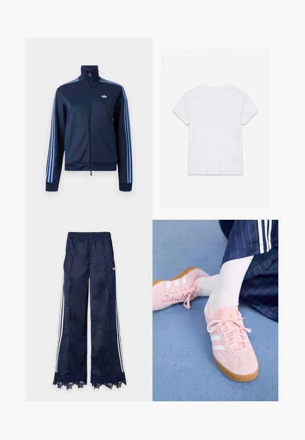 Tmavomodrá tréningová bunda na zips so svetlomodrými tromi pruhmi na rukávoch a logom Adidas trefoil na ľavej strane hrudníka.; Jednofarebné biele bavlnené tričko s krátkym rukávom a okrúhlym výstrihom, položené na bielom pozadí.; Tmavomodré široké tepláky s bielymi bočnými pásmi, elastickým pásom, logom adidas na bokoch a čipkovaným lemom.; Svetloružové semišové tenisky s bielymi pruhmi a šnúrkami, s textúrovaným jazykom a gumenou podrážkou, umiestnené na modrom koberci.