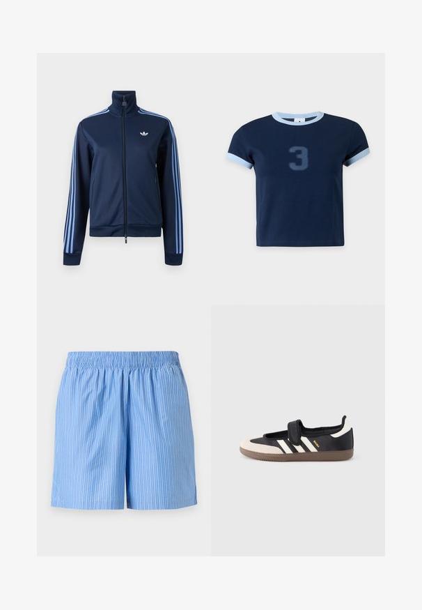 Veste de survêtement bleu marine zippée avec trois bandes bleu clair sur les manches et le logo trèfle Adidas sur la poitrine gauche.; T-shirt bleu marine à manches courtes avec bordure bleu clair aux manches et au col, affichant un numéro trois estompé au centre devant.; Shorts en coton bleu clair avec des fines rayures blanches verticales et une taille élastique froncée.; Baskets noires et beiges avec une bride en velcro, trois bandes blanches sur le côté, et une semelle en caoutchouc marron texturée. Logo de la marque visible.