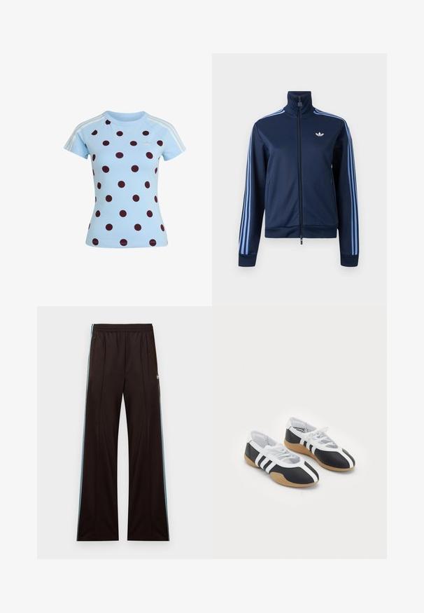 Casaco de treino azul marinho com fecho éclair, três riscas azul claro nas mangas e logótipo trefoil da Adidas no lado esquerdo do peito.; Camisa azul clara de manga curta com bolinhas vermelhas escuras, riscas brancas da Adidas nas mangas e logótipo trevo da Adidas no peito.; Calças pretas de corte largo com riscas azuis claras nas laterais, cós elástico, bolsos com fecho e logótipo Adidas na anca esquerda.; Tênis atletas em preto e branco com um design elegante, sola de borracha, fecho de atacadores e três riscas brancas nas laterais.