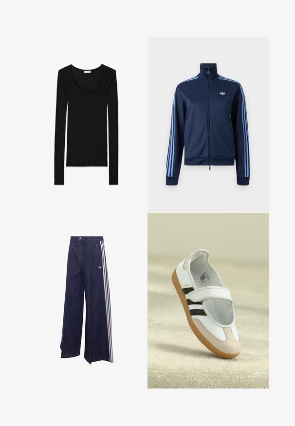 Chaqueta deportiva azul marino con cremallera, tres franjas en azul claro en las mangas y el logo trefoil de Adidas en el pecho izquierdo.; Top negro de manga larga hecho de una tela suave y texturada. Presenta un escote redondeado y un diseño ajustado, sin patrones ni acentos visibles.; Pantalones vaqueros de pierna ancha de color azul oscuro con rayas verticales blancas en los laterales y un logo de Adidas cerca del bolsillo.; Zapato blanco con puntera de ante rosa, rayas negras y una correa de Velcro. Cuenta con una suela de goma color tostado y un logo en el lateral.