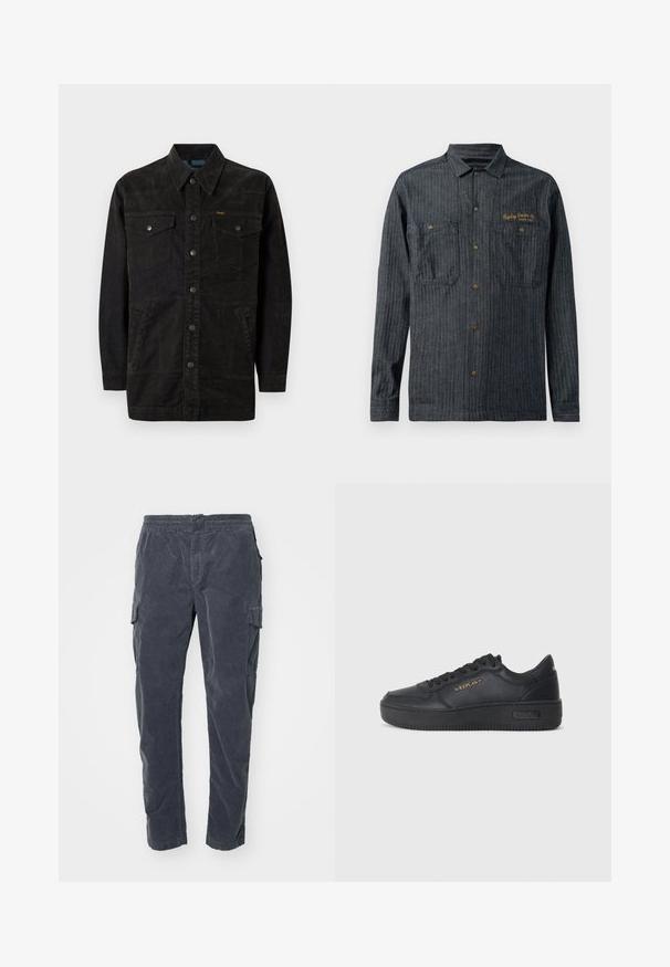 Sort denimjakke med trykknapper, to brystlommer, sidelommer og en spids krave. Har subtil syning og en struktureret overflade.; Mørk denim button-up skjorte med lodrette striber, to brystlommer og gyldent broderet logo på venstre side. Metal trykknapper.; Mørkegrå cargo bukser med elastisk talje, sidelommer og et blødt, struktureret stof. Lige ben design med minimal dekoration.; Replay EPIC HIGH - Sneakers - black