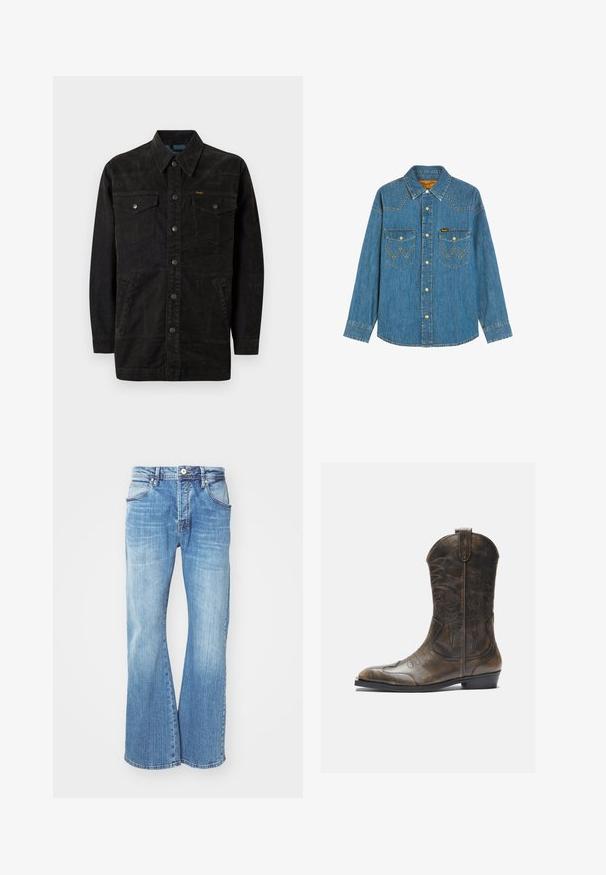 Schwarze Jeansjacke mit Druckknöpfen, zwei Brusttaschen, Seitentaschen und einem spitz zulaufenden Kragen. Merkmale sind dezente Nähte und eine strukturierte Oberfläche.; Denim-Langarmhemd mit spitzem Kragen, Druckknöpfen, zwei vorderen Klappentaschen mit gelber Naht und Markenetikett auf der rechten Tasche.; Helleblaue Denim-Jeans mit einem ausgestellten Design, das einen klassischen Fünf-Taschen-Stil, einen Reißverschluss und kontrastierende Nähte entlang der Nähte aufweist.; Braune Leder-Cowboystiefel mit hohem Schaft, spitzem Zehenbereich, aufwendigen Stickmustern und kleinem Absatz. Strukturierte Oberflächenbeschaffenheit.