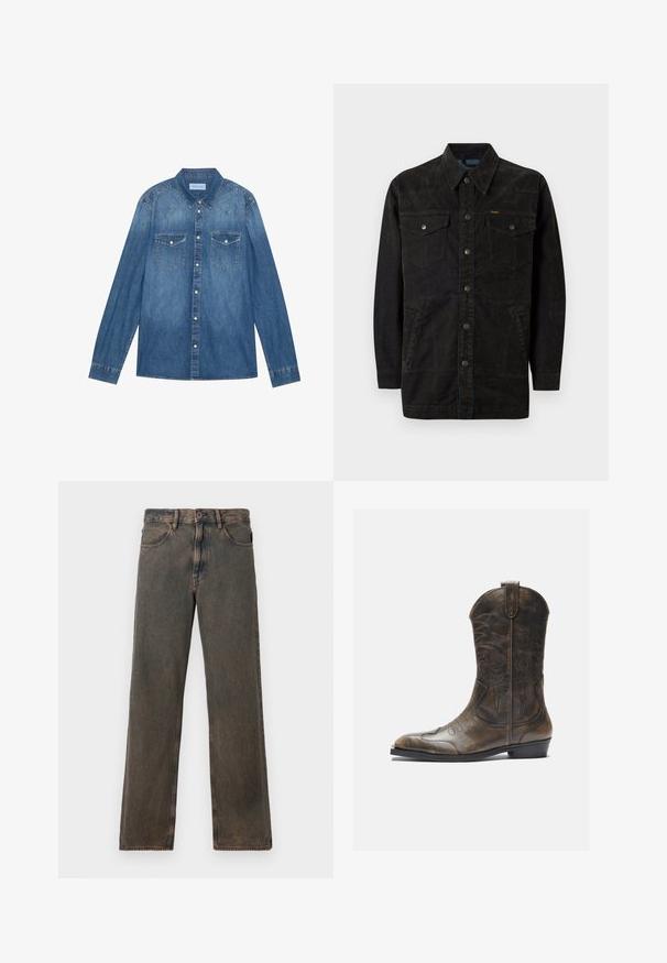 Sort denimjakke med trykknapper, to brystlommer, sidelommer og en spids krave. Har subtil syning og en struktureret overflade.; Mørkeblå denimskjorte med lange ærmer, klassisk krave, knaplukning fortil, to brystlommer og kontrasterende stiklinger på sømmene.; Brune vaskede lige ben jeans med forlommer, knaplukning og bæltestropper vist mod en hvid baggrund.; Brune læder cowboystøvle med en høj skaft, spids tå, intrikate syning mønstre og en lille hæl. Struktureret finish hele vejen igennem.
