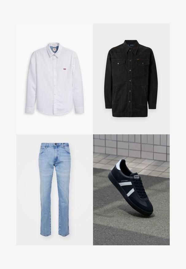 Chaqueta de mezclilla negra con botones a presión, dos bolsillos en el pecho, bolsillos laterales y un cuello con punta. Presenta costuras sutiles y un acabado texturizado.; Camisa de botón de manga larga blanca hecha de algodón. Presenta un cuello puntiagudo y un pequeño logo rojo de Levi's en el pecho izquierdo. Textura suave.; Jeans de mezclilla azul claro con corte recto, cinco bolsillos y cierre de botón metálico. Presenta costura a lo largo de las costuras y los dobladillos.; Zapatilla de cuero negra con rayas blancas, suela de goma texturizada y parte frontal con cordones. Cuenta con una etiqueta de marca en la lengüeta.