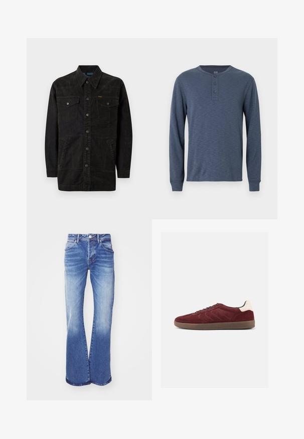 Zwarte denimjack met drukknoopsluiting, twee borstzakken, zijzakken en een puntige kraag. Bevat subtiele stiksels en een gestructureerde afwerking.; Donkerblauw henley shirt met lange mouwen en een gestructureerde afwerking, voorzien van een ronde hals en een knoopsluiting met drie knopen op de borst.; Lichtblauwe spijkerbroek met flared model en een vervaagde wassing, vijf zakken, knoopsluiting en gestikte details langs de naden. Brede pijpopening.; Bordeauxrode suède sneaker met veterband aan de voorkant, gestructureerde zijdetails en een lichtgekleurde hielaccent. Rubberzool met een gladde afwerking.
