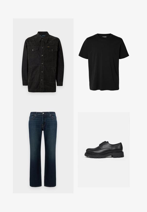 Sort denimjakke med trykknapper, to brystlommer, sidelommer og en spids krave. Har subtil syning og en struktureret overflade.; Ensfarvet sort t-shirt med korte ærmer og rund hals, herrepasform, uden synlige mønstre eller logoer foran.; Hollister Co. HERMOSA - Jeans Relaxed Fit - dark blue; Sort lædersko med snørebånd, kraftig sål med dybe mønstre, rundet tå og syede detaljer, vist fra siden på en ensfarvet baggrund.