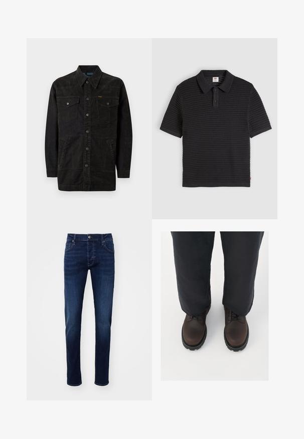 Zwarte denimjack met drukknoopsluiting, twee borstzakken, zijzakken en een puntige kraag. Bevat subtiele stiksels en een gestructureerde afwerking.; Zwarte korte mouw gebreide poloshirt met textuur van horizontale strepen, twee knopen aan de voorzijde en een geribde kraag en manchetten, plat weergegeven.; Donkerblauwe slim-fit spijkerbroek met knoop aan de voorkant, zakken, riemlussen en subtiele vervaging details op de benen.; Bruine leren veterschoenen met een ronde neus, zwarte rubberen zool en textuurdetails, gecombineerd met loszittende donkere broek.