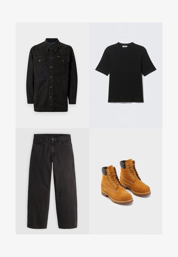 Schwarze Jeansjacke mit Druckknöpfen, zwei Brusttaschen, Seitentaschen und einem spitz zulaufenden Kragen. Merkmale sind dezente Nähte und eine strukturierte Oberfläche.; Schwarzes T-Shirt mit kurzen Ärmeln und Rundhalsausschnitt, mit einem "WEEKDAY"-Etikett innen am Kragen, flach auf einem hellen Hintergrund liegend dargestellt.; Schwarze gerade geschnittene Jeans aus Denim mit fünf Taschen und Gürtelschlaufen, flach auf einem einfarbigen hellen Hintergrund liegend dargestellt.; Lederarbeitsstiefel in Tan mit schwarzem gepolstertem Kragen, goldenen Ösen und braunen Gummisohlen. Mit kontrastierenden Nähten und einem Logo an der Seite.
