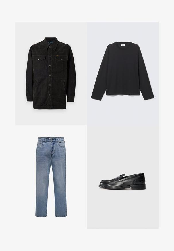 Sort denimjakke med trykknapper, to brystlommer, sidelommer og en spids krave. Har subtil syning og en struktureret overflade.; Sort langærmet t-shirt med rund hals og enkel, løs pasform, vist fladt mod en lys grå baggrund.; Lyseblå straight-leg denim jeans med knap- og lynlåslukning samt for- og baglommer.; Sort læder loafersko med syninger langs oversiden og et dekorativt bånd. Har en lav stabelhæl og en glat finish.