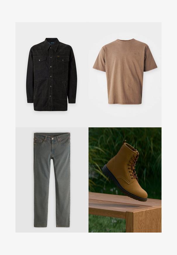 Veste en denim noir avec des boutons-pression, deux poches sur la poitrine, des poches latérales et un col pointu. Présente des coutures discrètes et une finition texturée.; T-shirt en coton marron avec un col rond, des manches courtes et un logo brodé discret sur le côté gauche de la poitrine. Texture lisse, coupe décontractée.; Jean slim gris foncé avec bouton et fermeture éclair à l'avant, design à cinq poches et rivets en cuivre sur les passants de ceinture et les coins des poches.; Bottine en suede marron avec des lacets marron, une semelle en caoutchouc noir et une finition lisse, exposée au-dessus d'une surface en bois devant un arrière-plan verdoyant.