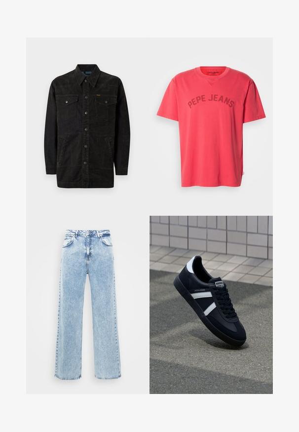 Veste en denim noir avec des boutons-pression, deux poches sur la poitrine, des poches latérales et un col pointu. Présente des coutures discrètes et une finition texturée.; T-shirt en coton corail à manches courtes et col rond. Présente l'inscription "PEPE JEANS" imprimée en lettres foncées sur la poitrine.; Jeans en denim bleu clair avec un design à jambes larges, cinq poches et une fermeture à bouton. Présente un léger délavage et des coutures contrastées.; Sneaker en cuir noir avec des rayures blanches, semelle en caoutchouc texturée et devant à lacets. Présente une étiquette de marque sur la languette.