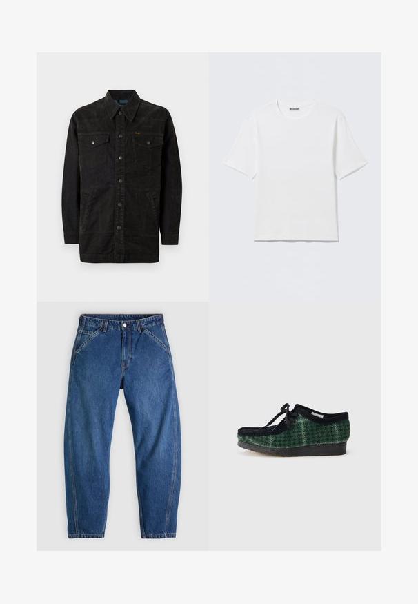 Schwarze Jeansjacke mit Druckknöpfen, zwei Brusttaschen, Seitentaschen und einem spitz zulaufenden Kragen. Merkmale sind dezente Nähte und eine strukturierte Oberfläche.; Schlichtes weißes T-Shirt mit kurzen Ärmeln und Rundhalsausschnitt, mit einem kleinen "WEEKDAY"-Etikett an der Innenseite des Rückenkragens, auf einer flachen Oberfläche liegend dargestellt.; Blaue Denim-Jeans mit lockerer Passform, ausgestattet mit Knopfverschluss, fünf Taschen und kontrastierenden orangefarbenen Nähten. Durchgehend glatte Textur.; Grüne und schwarze gemusterte Schuhe mit einem Obermaterial aus Wildleder, runder Zehenform, Schnürsenkeln und einer strukturierten Gummisohle.