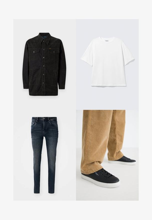 Schwarze Jeansjacke mit Druckknöpfen, zwei Brusttaschen, Seitentaschen und einem spitz zulaufenden Kragen. Merkmale sind dezente Nähte und eine strukturierte Oberfläche.; Weißes oversized T-Shirt mit kurzen Ärmeln und Rundhalsausschnitt mit eingesetzten Schultern, flach auf hellgrauem Hintergrund.; Dunkelblaue Jeans aus Denim mit schlanker Passform, fünf Taschen, geraden Beinen und Kontrastnähten, mit einem Knopf- und Reißverschluss.; Schwarze Ledersneaker mit weißen Gummisohlen. Getragen mit beigen Cordhosen, die vertikale Rippungen und eine lockere Passform aufweisen.