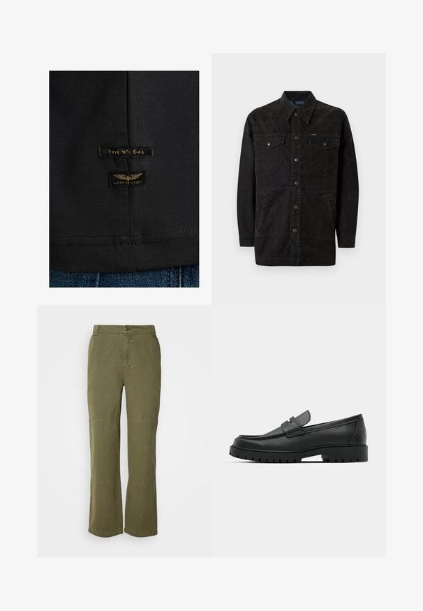 Sort denimjakke med trykknapper, to brystlommer, sidelommer og en spids krave. Har subtil syning og en struktureret overflade.; Sort bomulds t-shirt med to labels: "TYPE N°: C-46" og "AMERICAN CLASSIC," med guld tekst og vinge grafik. Syet kantdetalje.; Oliven grønne bomuldsbukser med lige ben, synlig knaplukning og syninger ved knæene for ekstra detaljer og struktur.; Sorte læder loafers med rund tå, der har et syet design, lav platformssål og en struktureret, skridsikker gummisål.