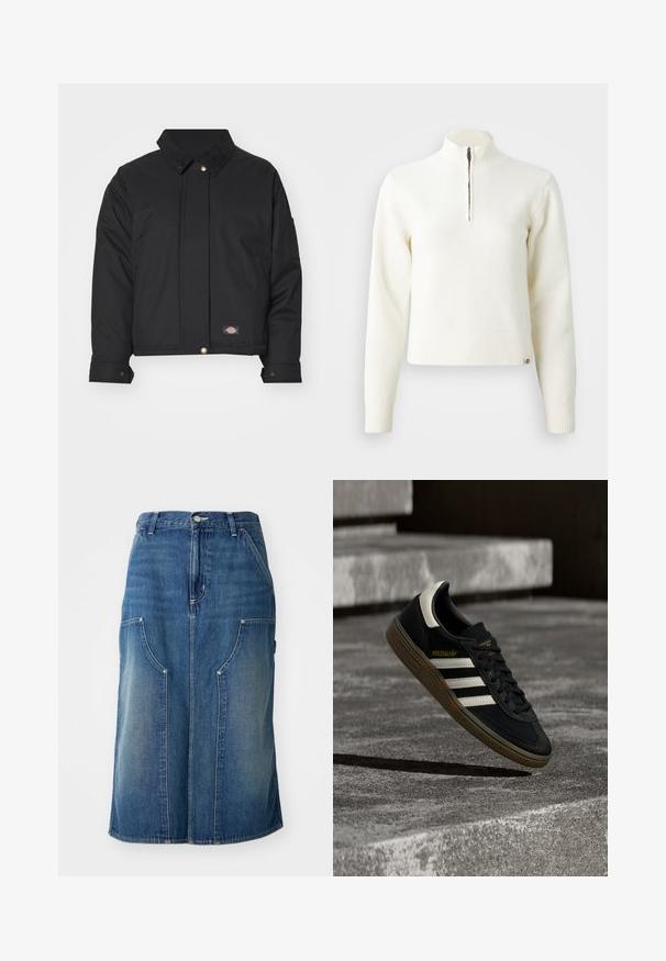 Dickies SEASONAL JACKET - Overgangsjakke - black; Hvid, sweater med lynlås ved halsen og lange ærmer. Lavet af et blødt strikmateriale, med ribbede manchetter og kant. Diskret mærke-logo ved kanten.; Blå denimnederdel med lige snit, forlommer og en talje med knaplukning, prydet med en falmet tekstur og sømdetaljer.; Sort Adidas-sneaker med hvide striber og gummisåler, svævende over grå betontrapper i naturligt lys.