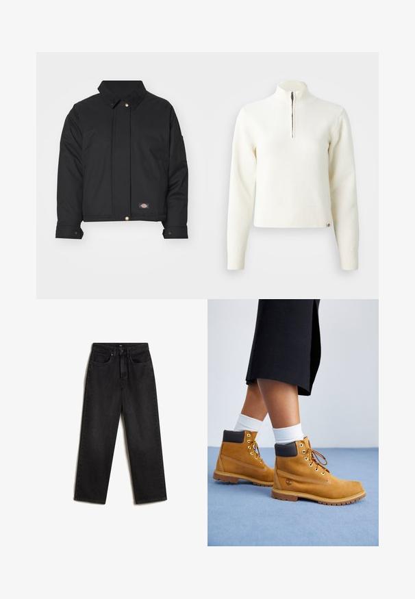 Dickies SEASONAL JACKET - Jas - black; Witte sweater met ritssluiting en lange mouwen. Gemaakt van een zachte gebreide stof, met ribgebreide boorden en een zoom. Subtiele merklogo aan de zoom.; Vans SIRELLE 5 POCKET PUDDLE TROUSERS, - Straight leg jeans - black; Tan suède enkellaarsjes met bruine leren accenten, gouden oogjes en een getextureerde zool. Witte sokken zichtbaar boven de laarsjes.