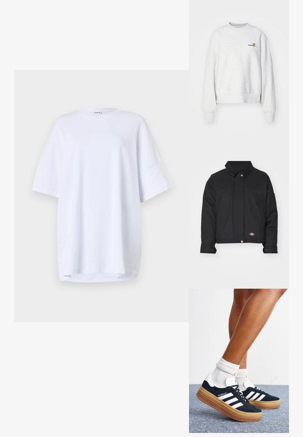 Dickies SEASONAL JACKET - Chaqueta de entretiempo - black; Sudadera gris de cuello redondo en una tela suave con puños y dobladillo de punto; presenta un logo bordado en el pecho en amarillo y burdeos.; Camiseta blanca de algodón de manga corta y corte oversize. Cuello redondo, aberturas laterales en el dobladillo y textura suave sin patrones o acentos visibles.; Piernas con calcetines blancos y zapatillas Adidas Gazelle negras con rayas blancas y suelas marrones gruesas sobre un suelo alfombrado gris.
