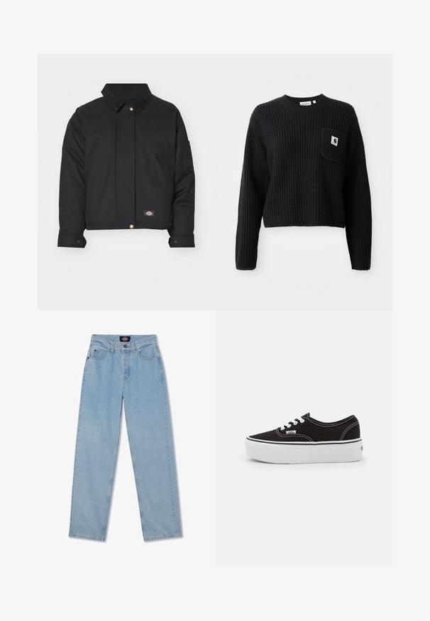 Dickies SEASONAL JACKET - Ľahká bunda - black; Čierny rebrovaný pletený sveter s okrúhlym výstrihom, dlhými rukávmi a prednou vreckom s malou logom nášivkou. Skúsená dĺžka.; Svetlomodré džíny z denimu so strihom do rovna, s piatimi vreckami, zapínaním na gombík a jemným vyblednutím na prednej strane.; Čierne plátenné tenisky s bielou gumovou platformou, s bielymi šnúrkami a stehmi, ikonickým logom na boku, nízkoprofilový dizajn.