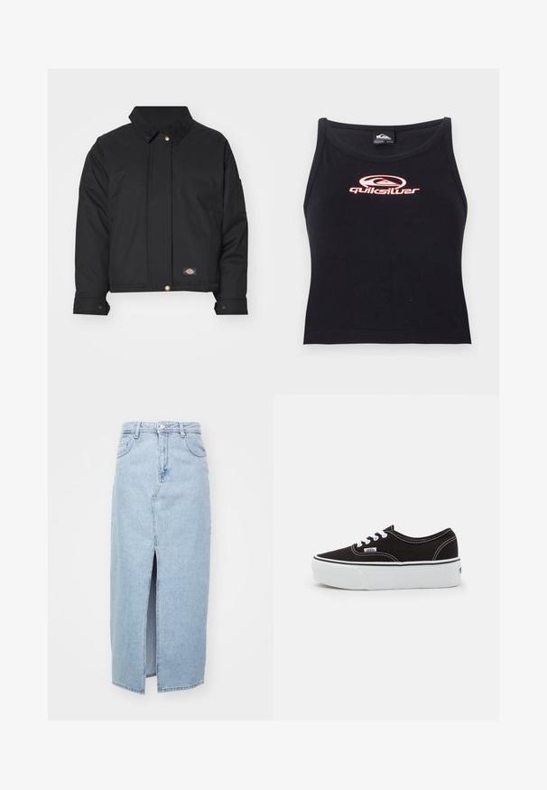 Dickies SEASONAL JACKET - Übergangsjacke - black; Schwarzes ärmelloses Crop-Top aus weichem Stoff mit einem pinken Quiksilver-Logo in der Mitte der Brust. Einfaches Design mit runder Ausschnitt.; Hellblauer Jeansrock mit Schlitz vorne, Gürtelschlaufen und klassischem Fünf-Taschen-Design. Glatte Textur mit einem sauberen Finish.; Schwarze Leinensneaker mit einer weißen Gummiplattformsohle, weißen Schnürsenkeln und Nähten, ikonischer Markenaufdruck an der Seite, im Low-Top-Design.