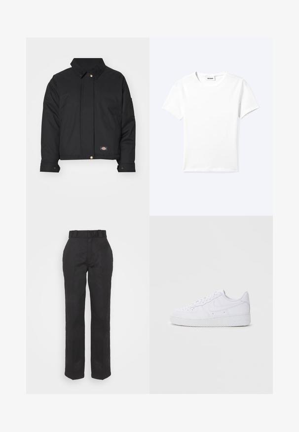 Dickies SEASONAL JACKET - Jas - black; Effen wit T-shirt met korte mouwen en ronde hals met een klein "WEEKDAY" label aan de binnenkant van de hals, plat neergelegd op een lichte achtergrond.; Zwarte broeken met een gladde textuur, recht gesneden ontwerp en een taille met riem. Heeft een eenvoudige, klassieke silhouet zonder extra patronen.; Witte Nike Air Force 1 sneakers met een leren bovenwerk, ronde neus, vetersluiting, gewatteerde kraag en textuurrubberzool.