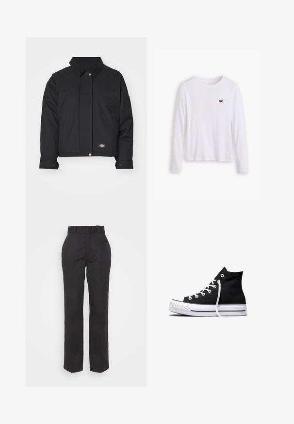 Dickies SEASONAL JACKET - Overgangsjakke - black; Hvid langærmet skjorte lavet af blødt bomuld. Har et lille rødt Levi's logo på venstre bryst. Klassisk crew neck design.; Sorte bukser med en glat tekstur, lige ben-udskæring og bæltestrop. Har en enkel, klassisk silhuet uden yderligere mønstre.; Sort high-top canvas sneaker med hvid gummisål og hvide snørebånd, vist fra siden mod en hvid baggrund.