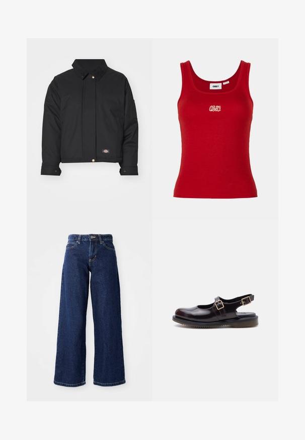 Dickies SEASONAL JACKET - Overgangsjakke - black; Rød ribbet tanktop med rund udskæring og brede stropper, med et broderet "OBEY" logo i hvidt på forsiden i midten.; Mørkeblå vide jeans lavet af denim, med knap- og lynlåslukning, bæltesløjfer og klassisk fem-lomme design.; Mørk bourgognefarvet læder Mary Jane-sko med to justerbare spænder og en sort gummisål, vist i sideprofil på hvid baggrund.